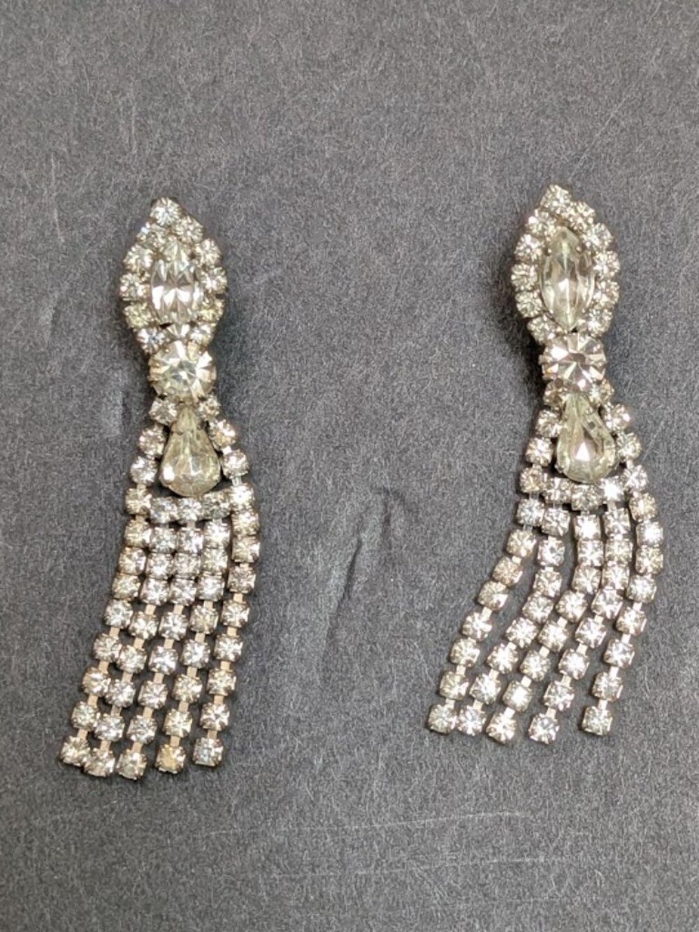 Vintage 1950s Rhinestone Tassel Earrings Crystal Dangle Clip-On
